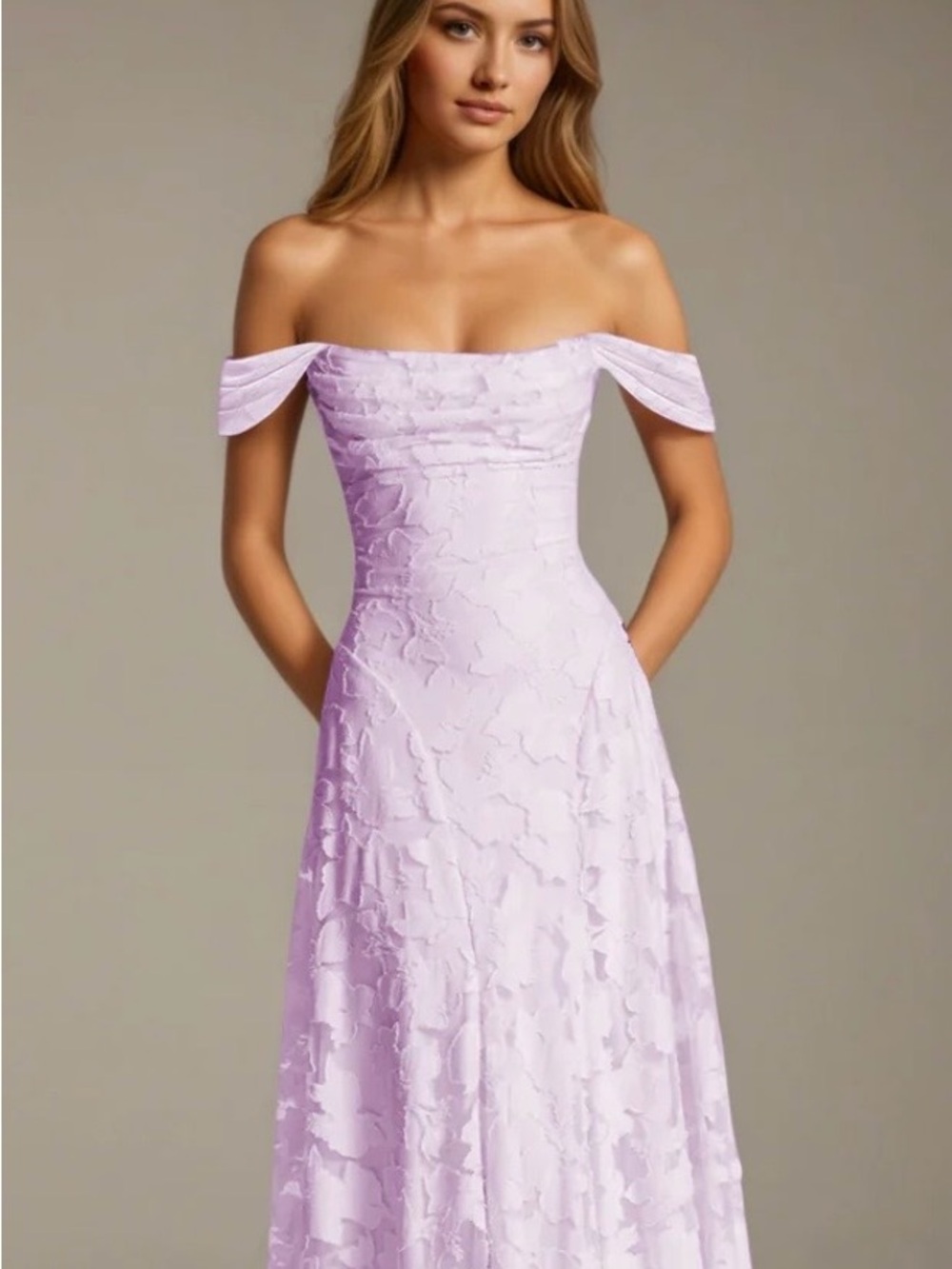 Off‑Shoulder Lilac Lace Evening Dress
